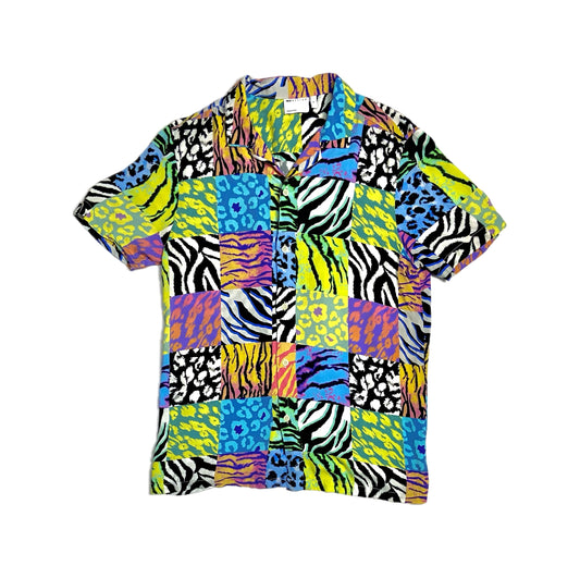 Regular Revere Shirt in Animal Fluro Patchwork Print