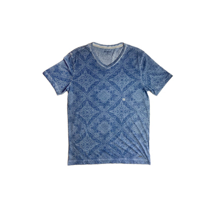 Blue Geometric Pattern V-Neck T-Shirt