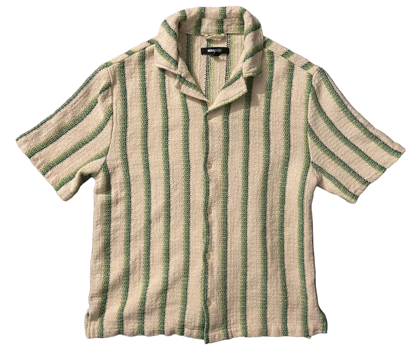Textured off white shirt with green stripes